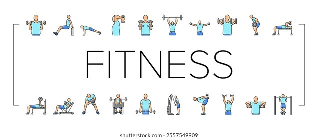 fitness exercise arm body workout icons set vector. sport training, woman healthy, person gym, yoga people, active young, lifestyle fit fitness exercise arm body workout color line illustrations