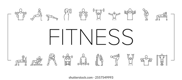 fitness exercise arm body workout icons set vector. sport training, woman healthy, person gym, yoga people, active young, lifestyle fit fitness exercise arm body workout black contour illustrations