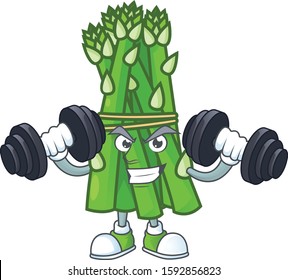 Fitness exercise asparagus mascot icon with barbells