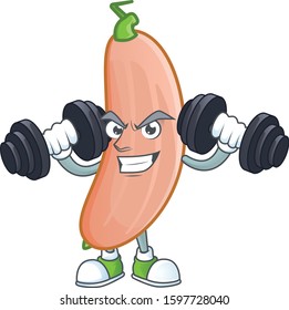 Fitness exercise banana squash mascot icon with barbells