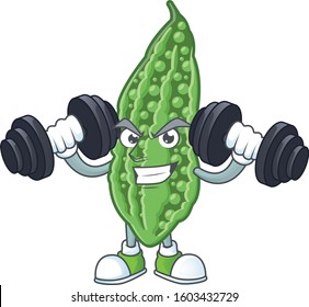 Fitness exercise bitter melon mascot icon with barbells