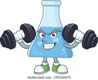 Fitness exercise blue chemical bottle cartoon character using barbells