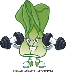 Fitness exercise bok choy mascot icon with barbells