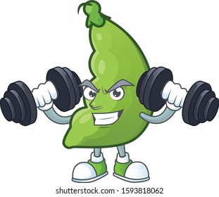Fitness exercise broad beans mascot icon with barbells