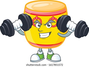 Fitness exercise chinese gold drum mascot icon with barbells