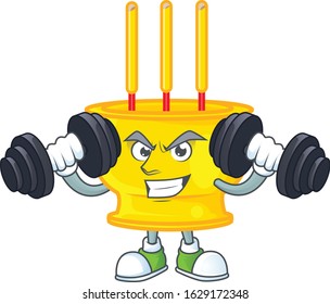 Fitness exercise chinese gold incense mascot icon with barbells