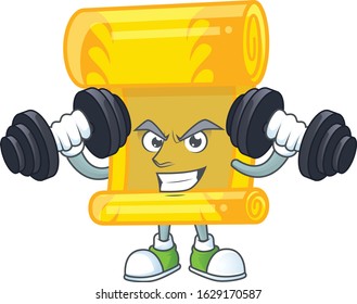 Fitness exercise chinese gold scroll mascot icon with barbells