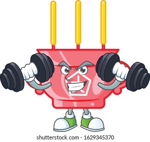 Fitness exercise chinese red incense mascot icon with barbells
