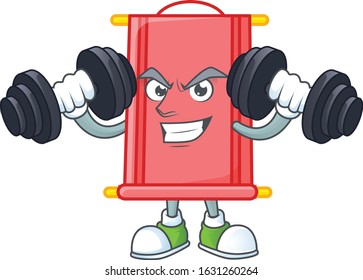 Fitness exercise chinese red scroll mascot icon with barbells