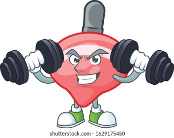 Fitness exercise chinese red tops toy mascot icon with barbells