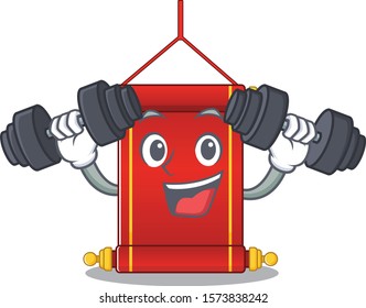 Fitness exercise chinese scrolls cartoon character holding barbells