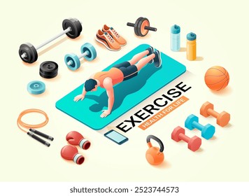 Banner conceitual do exercício de fitness. Homem Usar um top de tanque exercitando, flexões aptidão mínima vetor isométrica ilustração