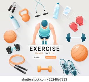 Banner conceitual do exercício de fitness. Homem Usar um top de tanque exercitando, flexões aptidão mínima vetor isométrica ilustração