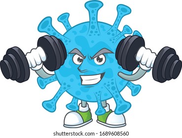 Fitness exercise coronavirus backteria cartoon character using barbells