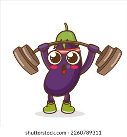 Fitness exercise eggplant mascot icon with barbells