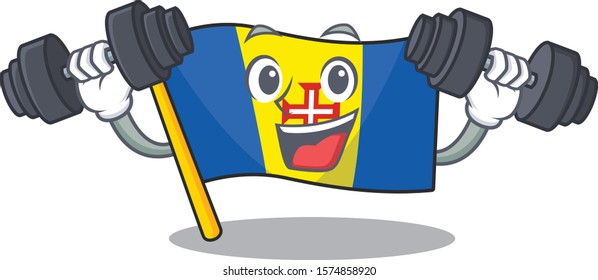 Fitness exercise flag madeira cartoon character holding barbells