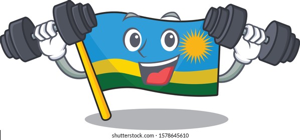 Fitness exercise flag rwanda cartoon character holding barbells