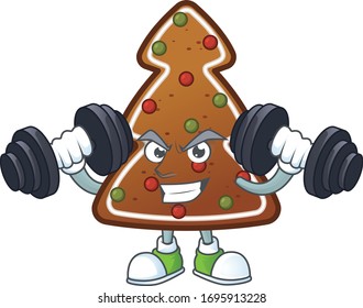 Fitness exercise gingerbread tree cartoon character using barbells