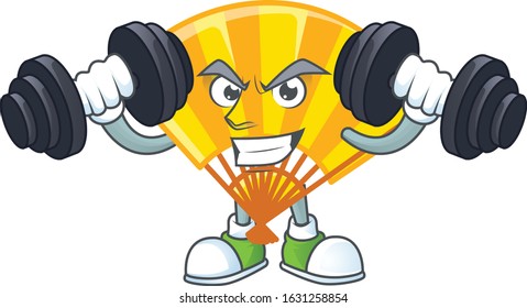 Fitness exercise gold chinese folding fan mascot icon with barbells