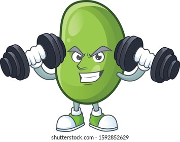 Fitness exercise green beans mascot icon with barbells