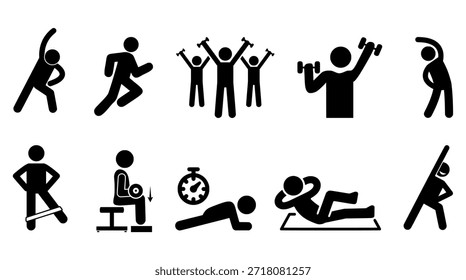Fitness exercise icon set in black silhouette style, perfect for workout plans, gym templates, health apps, and EPS designs.