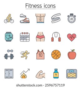 Fitness and Exercise icon set in color line style