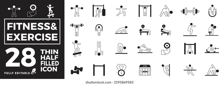 Fitness and Exercise Icon Set | Exercise, Strength, Yoga, Dumbbell, Weight Training, Gym, Bodybuilding and More
