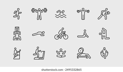 Fitness and exercise icons. Large set of fitness and exercise trendy minimal icons. Running, Swimming, Cycling, Yoga icon. Design signs for web page, mobile app, packaging design. Vector illustration