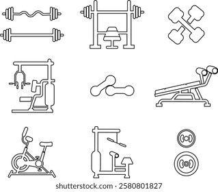 Fitness and exercise icons set. Weight Loss gym vector flat and line collection isolated on transparent background. Muscular build, dumbbell, running cycling for healthy life style web and app.