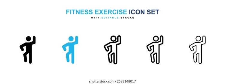 Fitness exercise icons vector collection in black and blue colors on white background