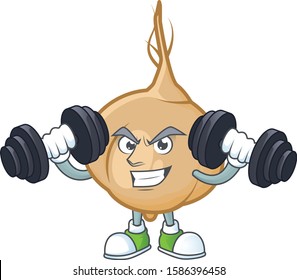 Fitness exercise jicama cartoon character holding barbells