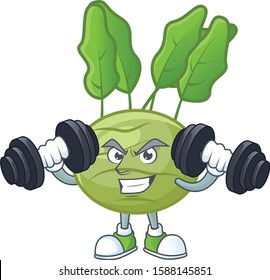 Fitness exercise kohlrab mascot icon with barbells