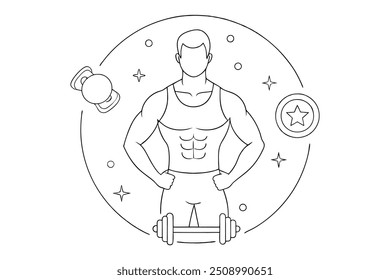 Fitness and exercise line art with editable outline 