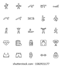 Fitness exercise line icons set. Sport equipment linear style symbols collection, outline signs pack. vector graphics. Set includes icons as weight, kettlebell, barbell, dumbbell, weight lifting, gym