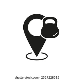 Fitness and Exercise Location, Kettlebell and Map Pin Silhouette Icon. Gym or Fitness Center for Workouts and Physical Activity Glyph Pictogram. Isolated Vector Illustration.