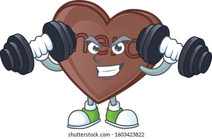 Fitness exercise one bite love chocolate mascot icon with barbells