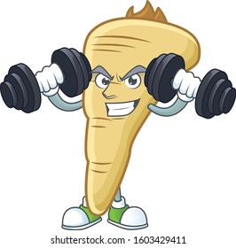 Fitness exercise parsnip mascot icon with barbells