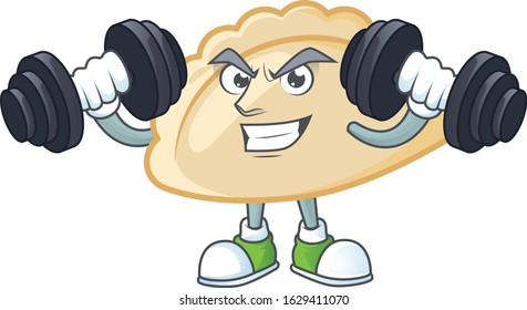 Fitness exercise pierogi mascot icon with barbells