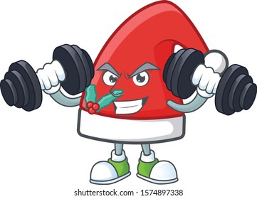 Fitness exercise santa claus hat cartoon character holding barbells
