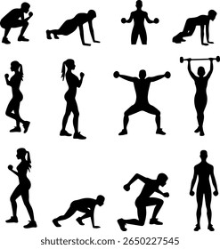 Fitness Exercise Silhouettes Set 14 Body Training Vector Icons