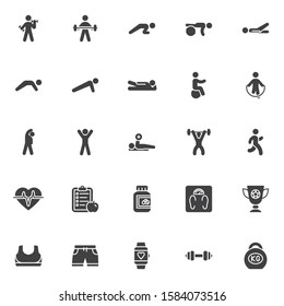 Fitness exercise vector icons set, Sport equipment modern solid symbol collection, filled style pictogram pack. Signs, logo illustration. Set includes icons as  weight, kettlebell, barbell, dumbbell