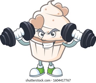 Fitness exercise white cream love cupcake mascot icon with barbells