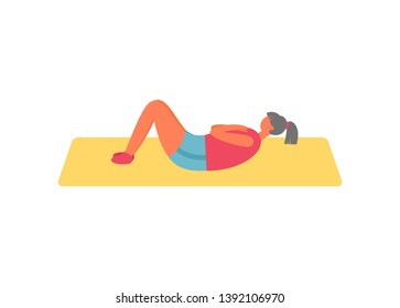 Fitness and exercise, woman doing sit-ups on rug vector. Healthy lifestyle and workout, physical activity and morning training isolated female character