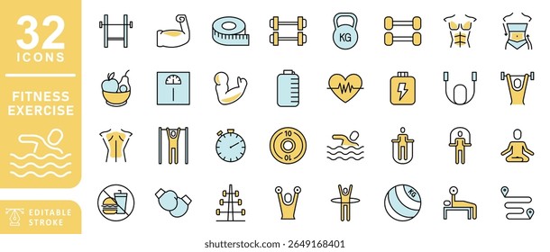 Fitness Exercise Workout Colored Line Icons. Editable Stroke. Contains such icons as Bodybuilding, Heartbeat, Swimming, Cycling, Running, Diet.