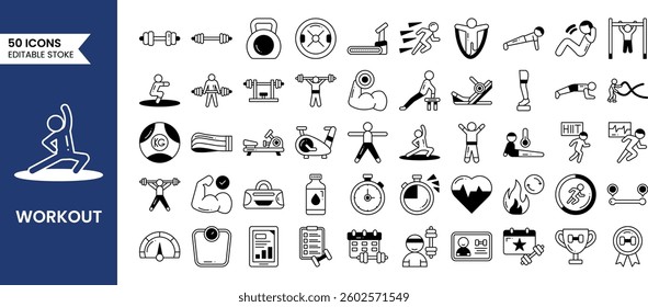 Fitness exercise workout duotone icons set. Vector illustrations.