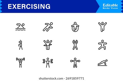 Conjunto de ícone de linha de treino de exercícios de fitness - Ilustrações de vetor profissional, moderna, mínima e perfeita pixel