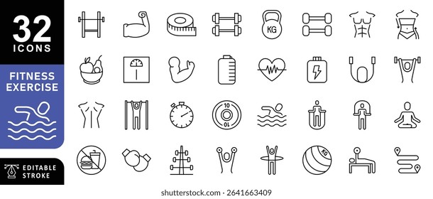 Fitness Exercise Workout Line Icons. Editable Stroke.  Contains such icons as Bodybuilding, Heartbeat, Swimming, Cycling, Running, Diet.