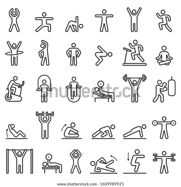 Fitness exercise workout line icons set.\
Vector illustrations.