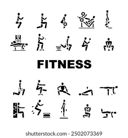 fitness exercises arm workout icons set vector. body sport, training gym, arm healthy, yoga woman person fit, fitness athlete active fitness exercises arm workout glyph pictogram Illustrations
