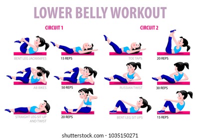 Fitness exercises with cartoon girl in blue suit. Lower belly workout. Vector illustration